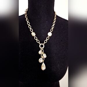 Gold Tone Statement Necklace Crystal Charm Drop Chunky Chain Adjustable